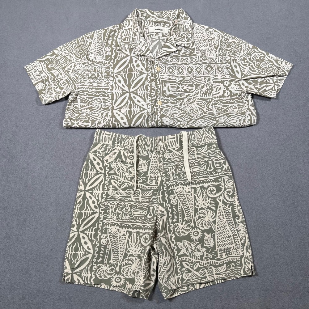Buck Mason Tiki Cabana Set Mens Button Up Shirt XS and Shorts 28 Tropical Tribal